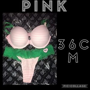 NWT! PINK wear everywhere push up bra + VS lace waist cotton thong panty 36C/M